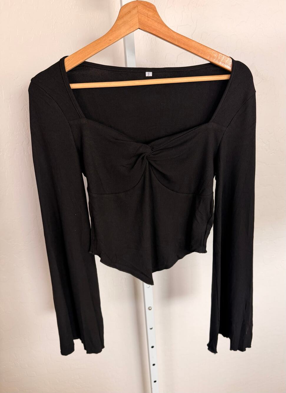 Womens Black Ribbed Long Sleeve Twist Front Sweetheart Neck Top Size Small